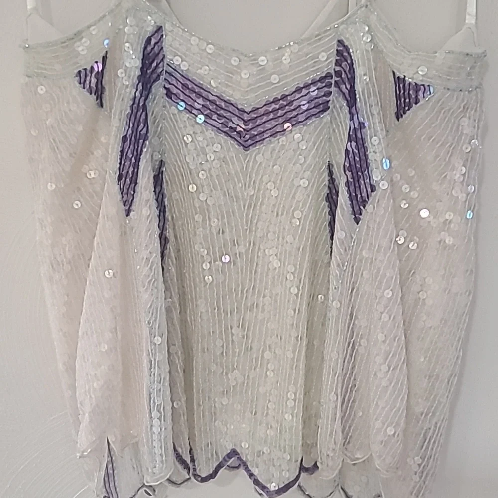 Free People White Sequin Beaded Tank Top with Lavender and Gold Accents - Picture 4 of 4